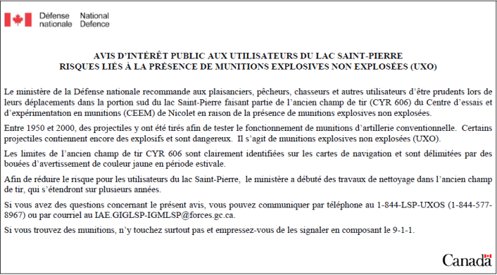 AVIS D'INTÉRÊT PUBLIC AUX UTILISATEURS DU LAC SAINT-PIERRE RISQUES LIÉS À LA PRÉSENCE DE MUNITIONS EXPLOSIVES NON EXPLOSÉES (UXO)