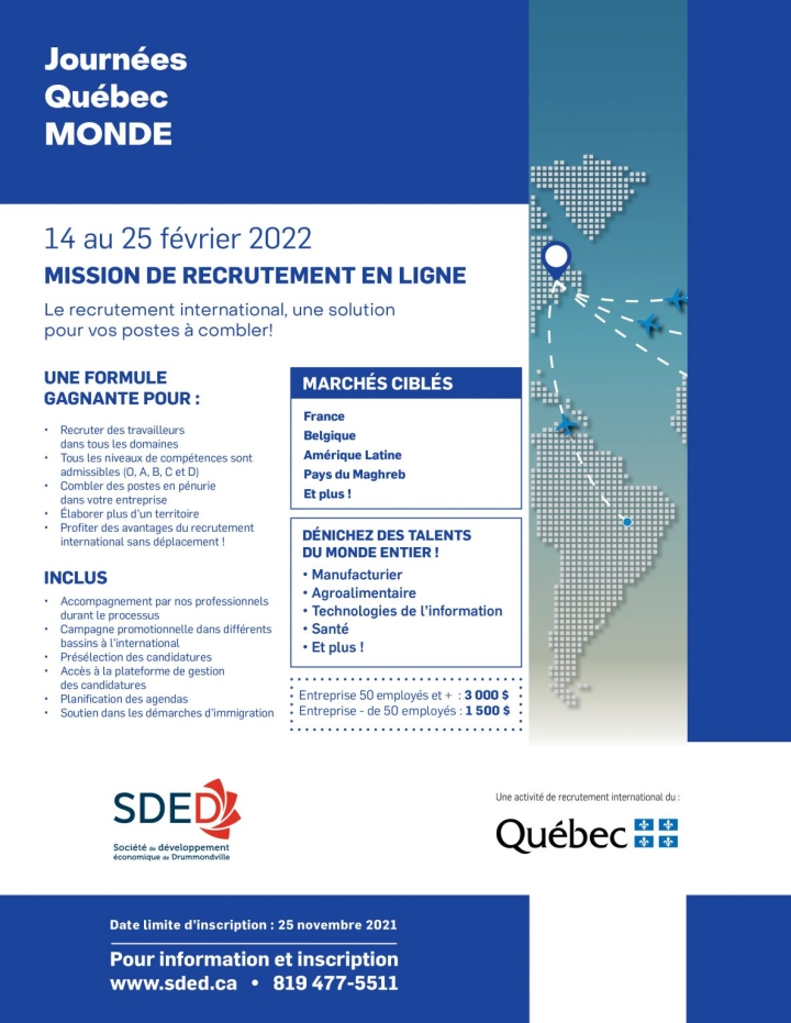 Mission de recrutement en ligne - Journées Québec MONDE : du 14 au 25 février 2022 